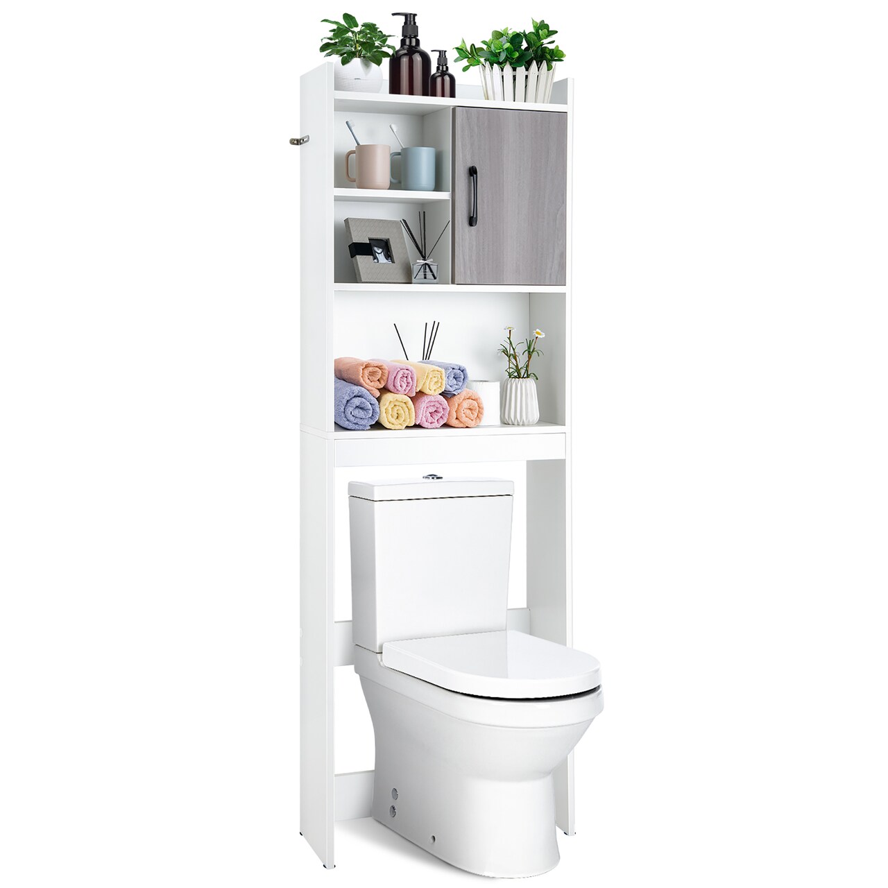 Costway Over The Toilet Storage Cabinet Bathroom Space Saver w/ Open Shelves & Door